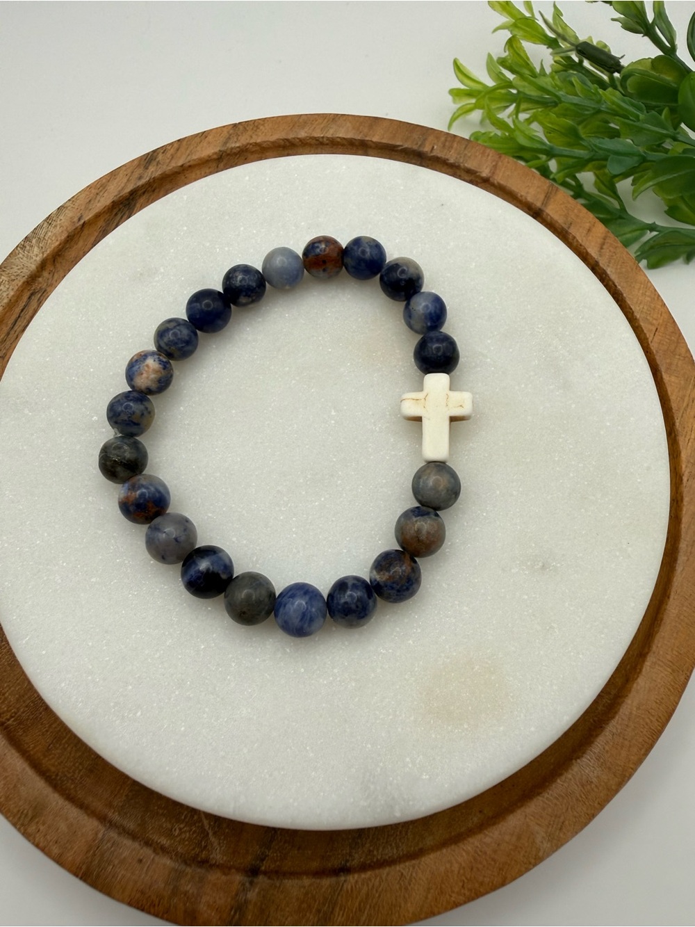 Genuine Sodalite Gemstone Bracelet Beads Howlite Cross Stretch Christian Jewelry